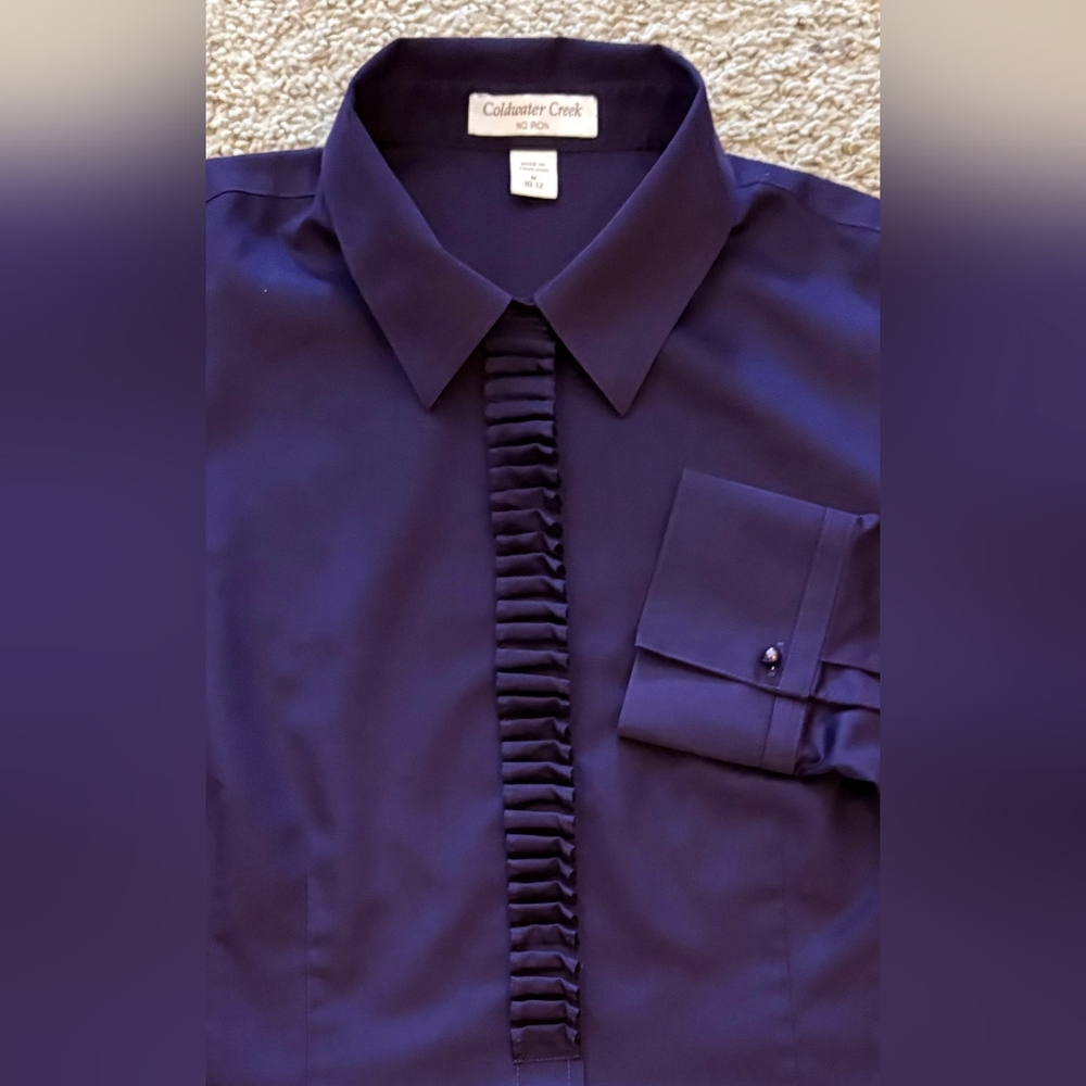 Coldwater Creek Ruffled No-iron Tuxedo Style Tunic In Plum - Size M (10-12)